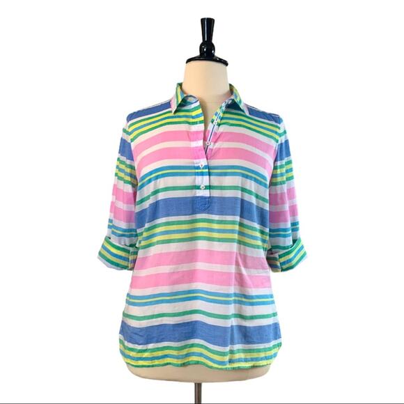 Talbots Shirt Women's Collar Popover Button Down Top Pink Blue Stripe Size XLP - Picture 1 of 12
